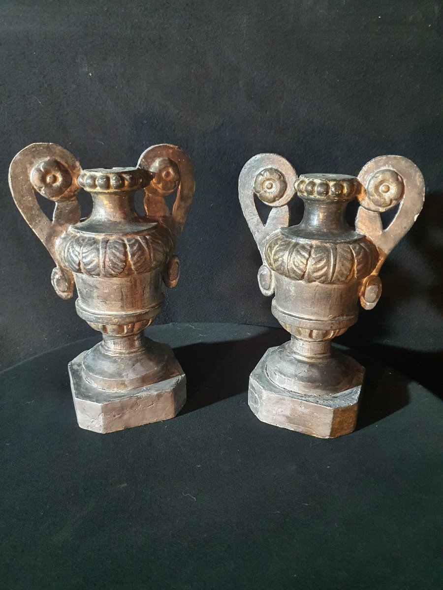 Pair Of Medici Vases Carved Wood Silver XVIII Century.