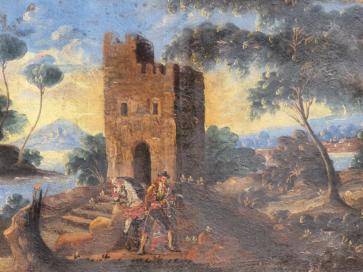 Tableau XVIII Siècle Paysage Cavalier ,italie Sud France. -photo-2