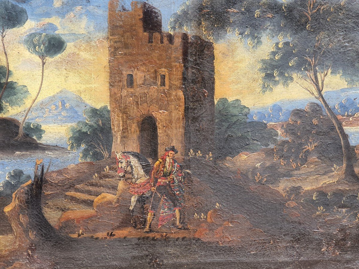 Tableau XVIII Siècle Paysage Cavalier ,italie Sud France. -photo-3