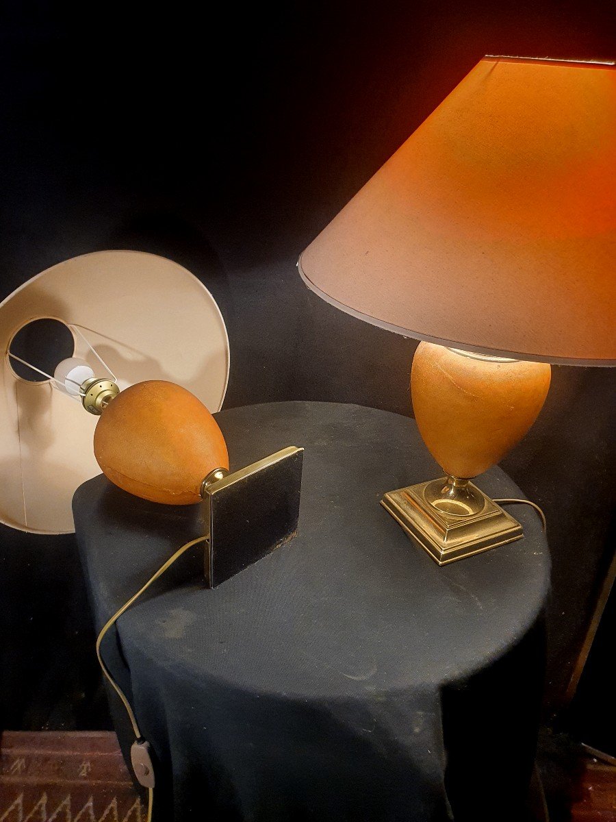 Pair Of Le Dauphin Leather Egg Lamps.-photo-2