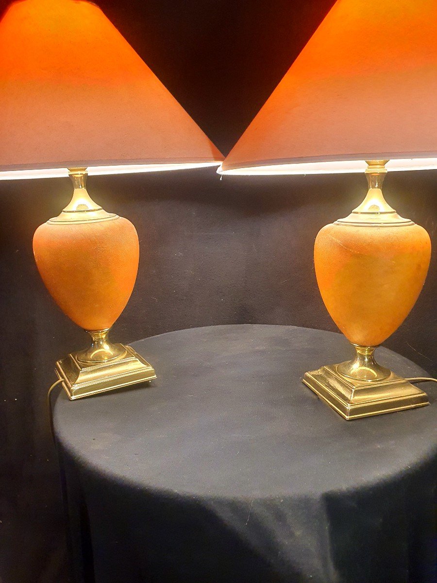 Pair Of Le Dauphin Leather Egg Lamps.-photo-3