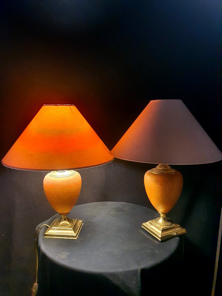 Pair Of Le Dauphin Leather Egg Lamps.-photo-1