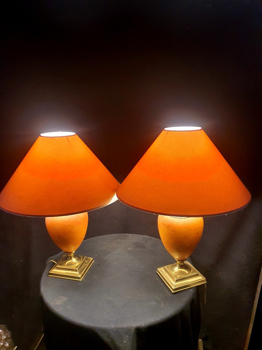 Pair Of Le Dauphin Leather Egg Lamps.-photo-2