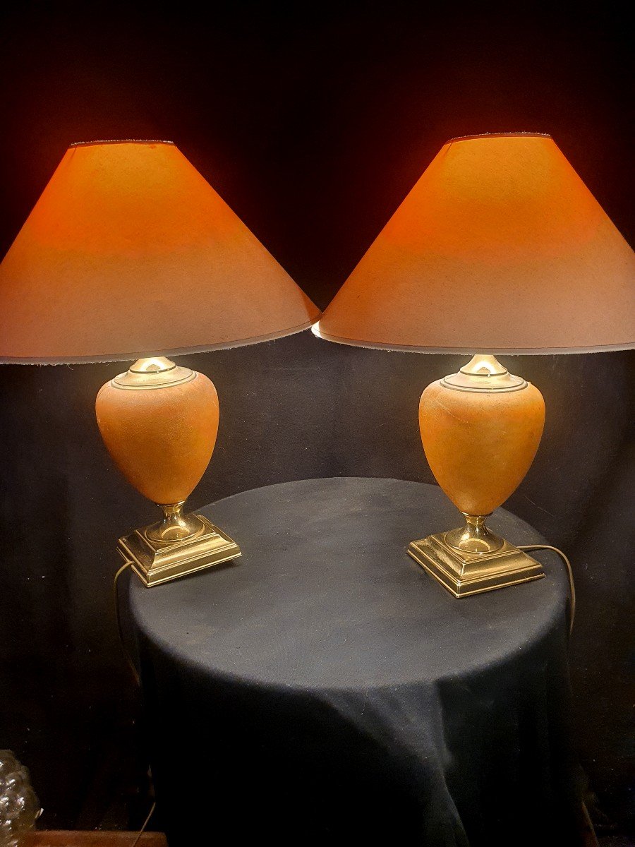 Pair Of Le Dauphin Leather Egg Lamps.