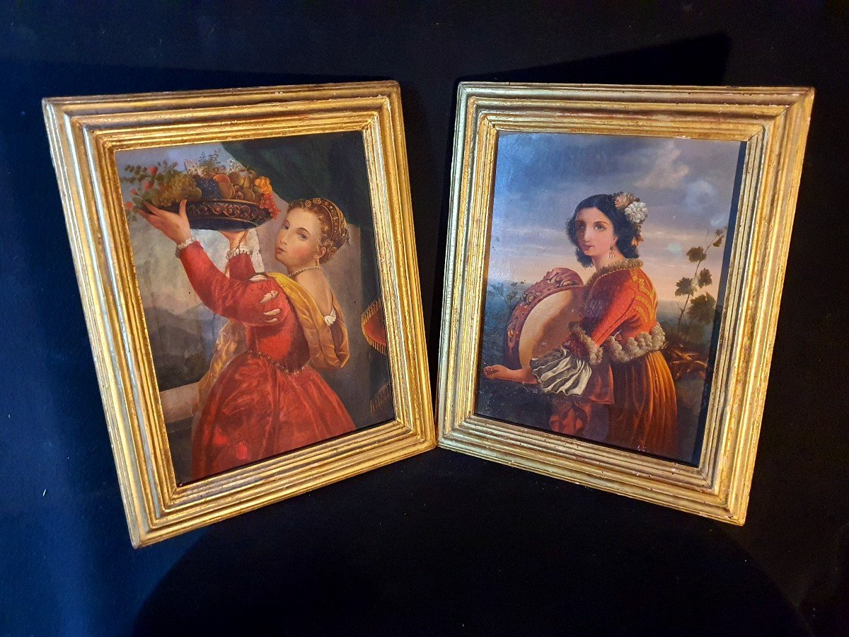 Pair Of Paintings, Young Women Italy D After Titian.-photo-2