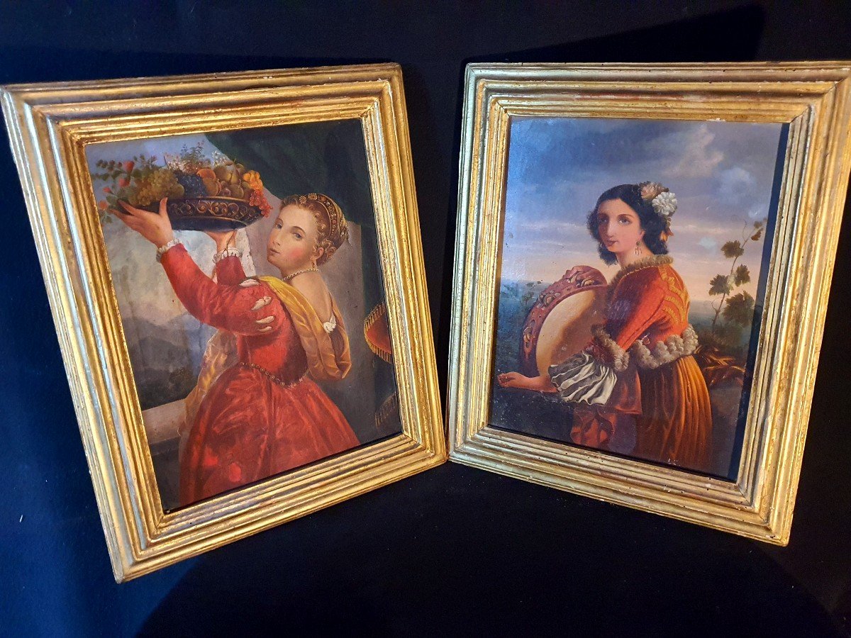 Pair Of Paintings, Young Women Italy D After Titian.