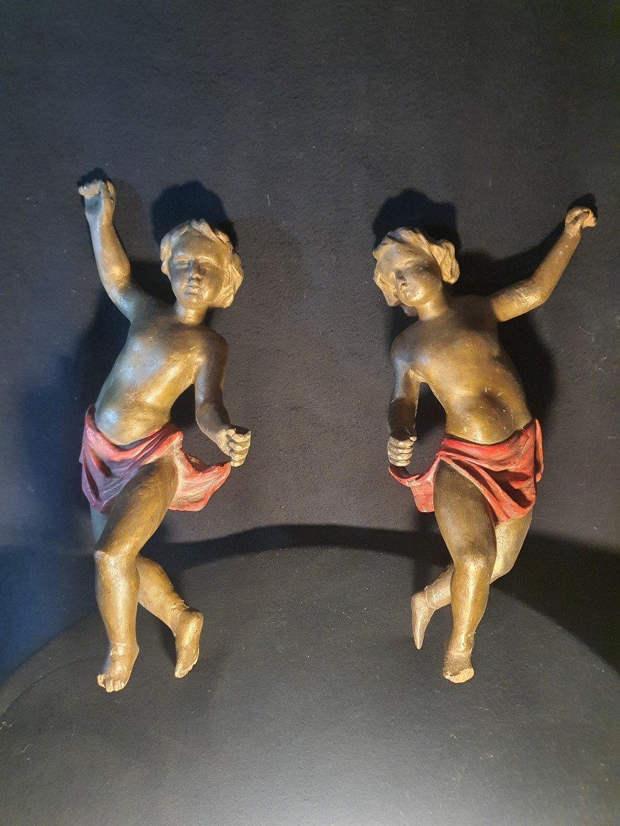 Paire Anges Bois Doré  Italie XVIII  Siècle. -photo-2