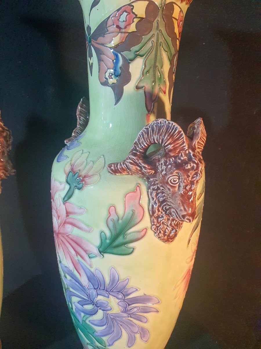 Paire De Vases Art Nouveau,  Longchamp. Décor papillons.-photo-3