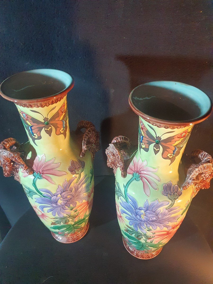 Paire De Vases Art Nouveau,  Longchamp. Décor papillons.-photo-1