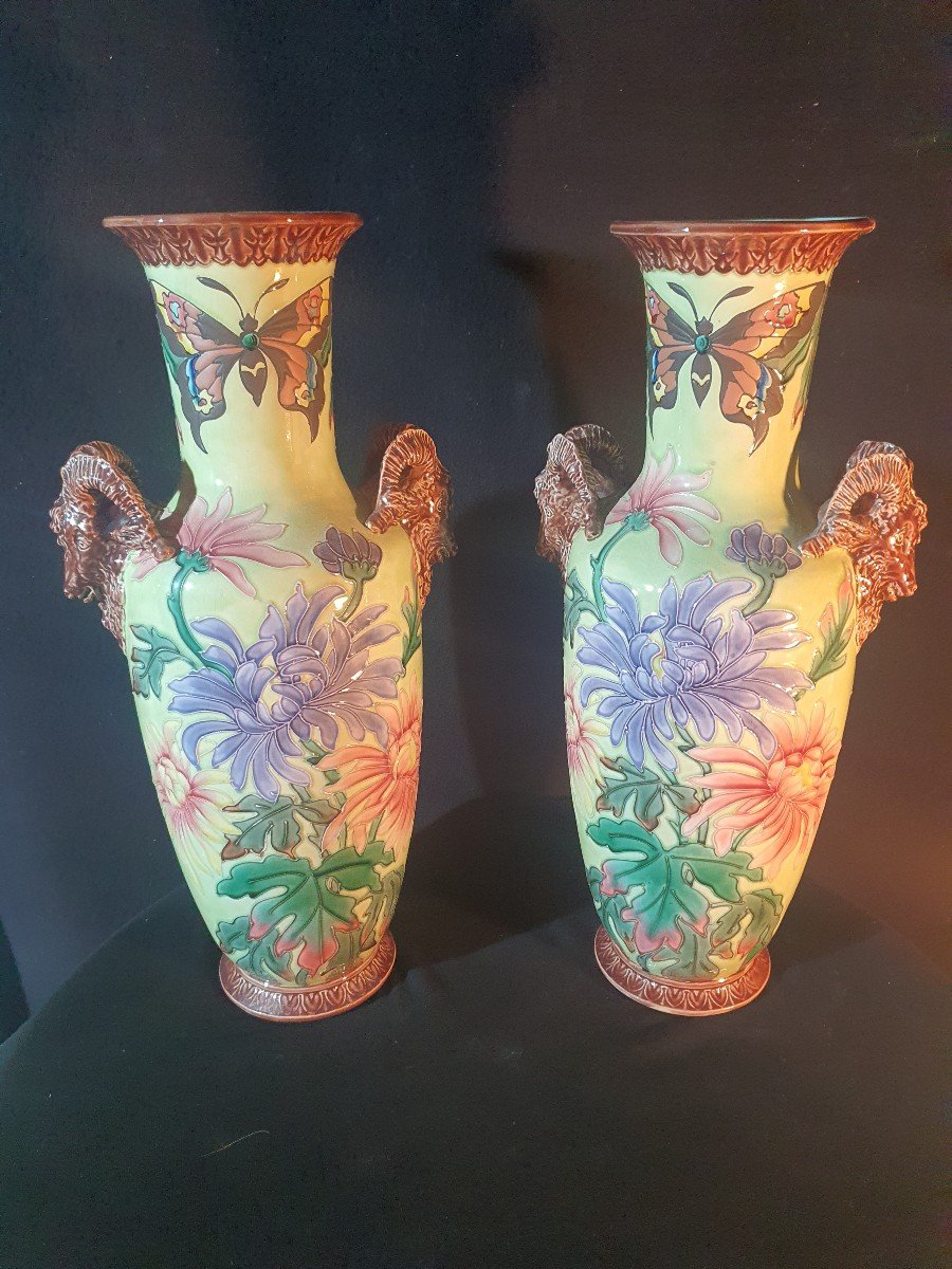 Paire De Vases Art Nouveau,  Longchamp. Décor papillons.-photo-3