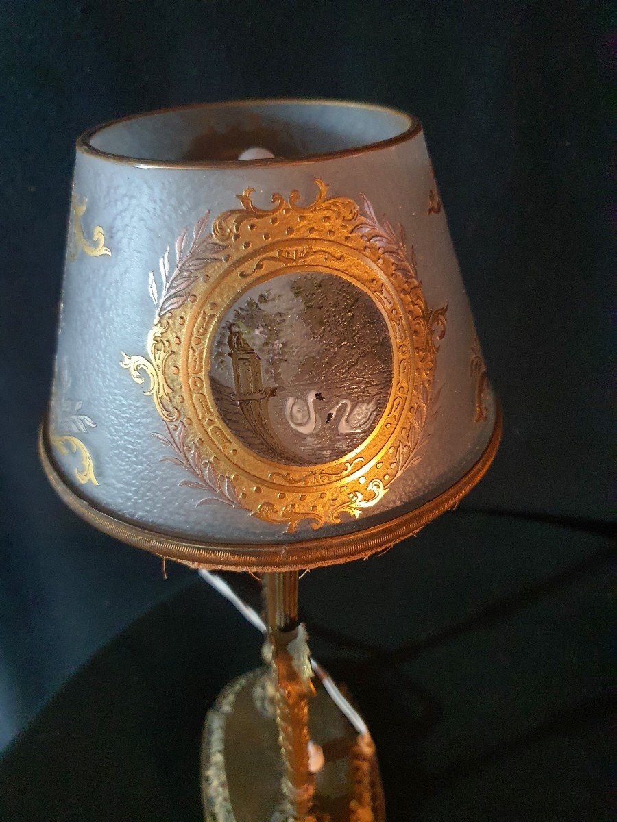 Lampe Art Déco pâte de verre, Décor Or Fin.Montjoie.-photo-2