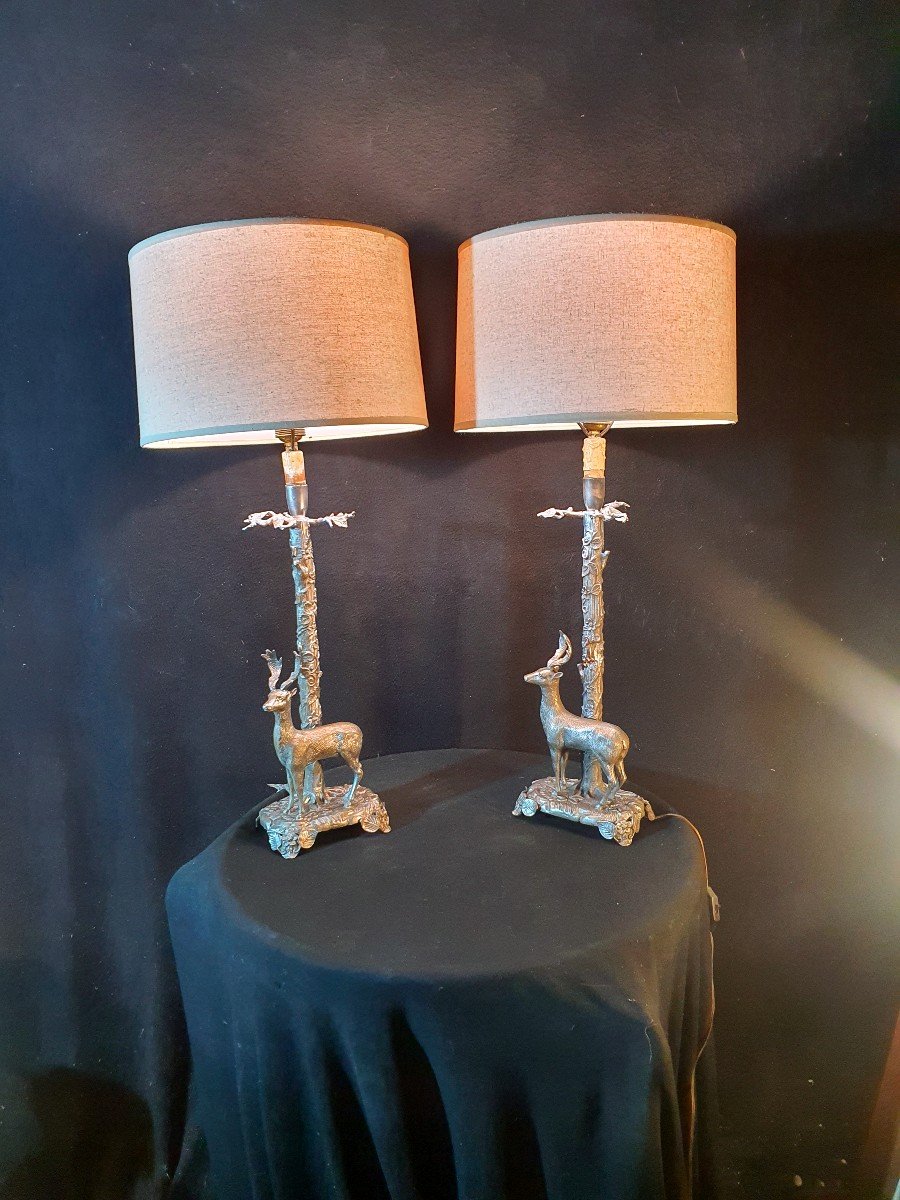 Pair Of Silver Bronze Animal Deer Lamps.-photo-2