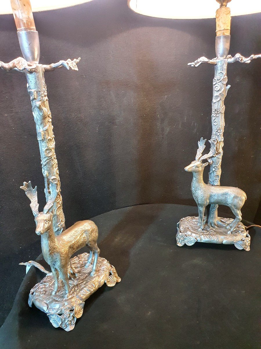 Pair Of Silver Bronze Animal Deer Lamps.-photo-3