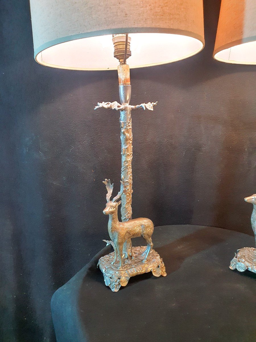 Pair Of Silver Bronze Animal Deer Lamps.-photo-1
