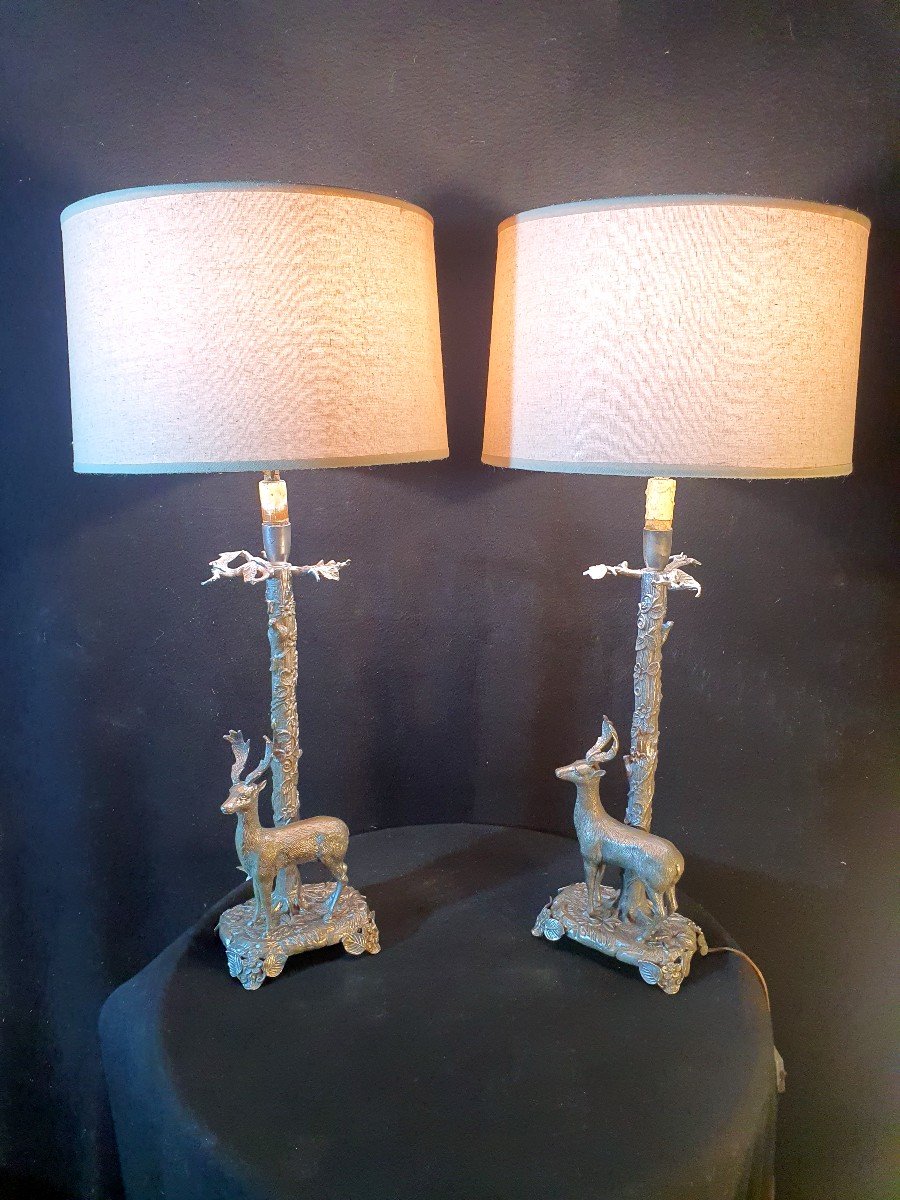 Pair Of Silver Bronze Animal Deer Lamps.