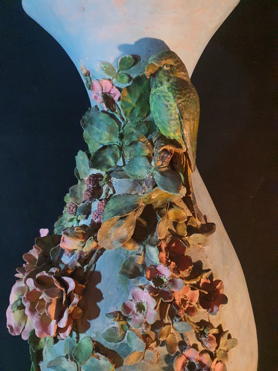 Vase Au Perroquet 1900 ,barbotine Longchamp Sarreguemine. -photo-3