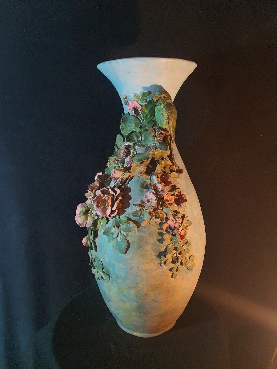 Vase Au Perroquet 1900 ,barbotine Longchamp Sarreguemine. -photo-1