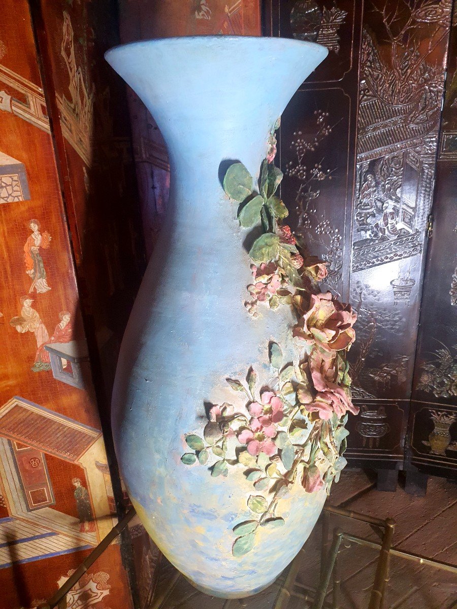 Vase Au Perroquet 1900 ,barbotine Longchamp Sarreguemine. -photo-2