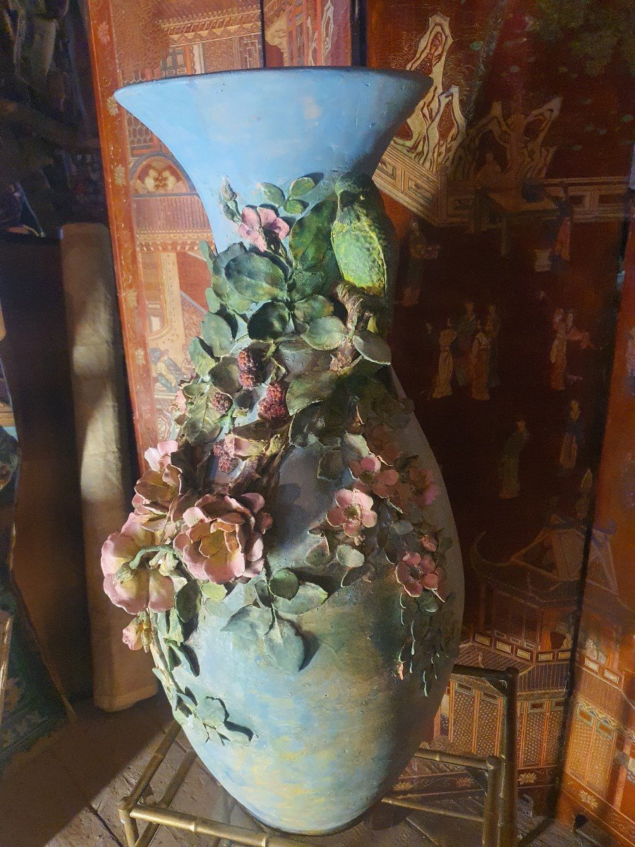 Vase Au Perroquet 1900 ,barbotine Longchamp Sarreguemine. -photo-3