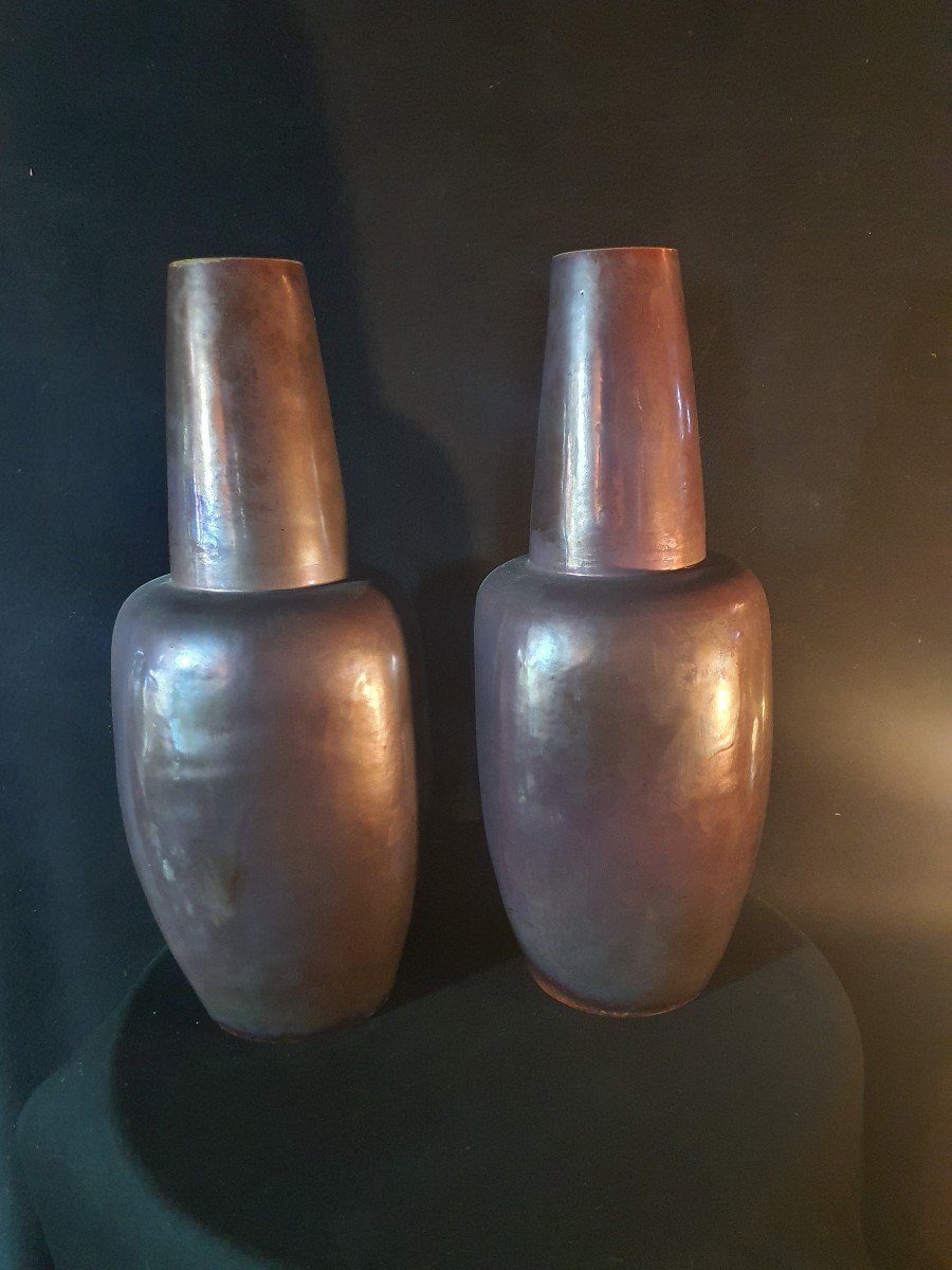 Pair Of Art Deco Metal Patina Vases.-photo-3