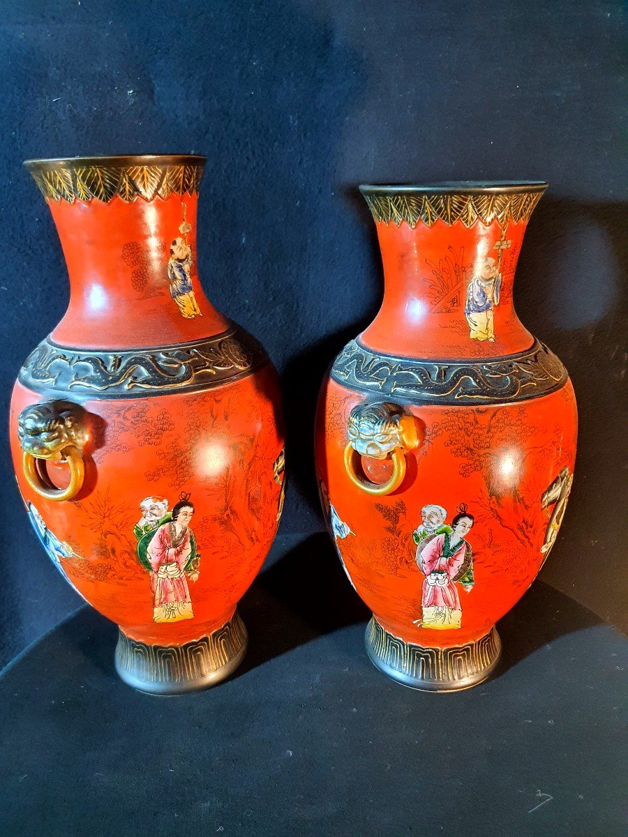 Pair Of Chinese Vases, Characters, XX Century.-photo-4