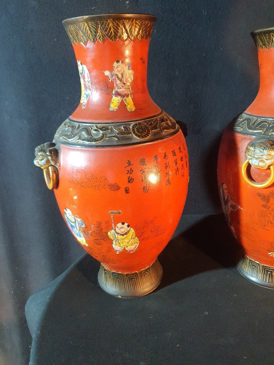 Pair Of Chinese Vases, Characters, XX Century.-photo-1