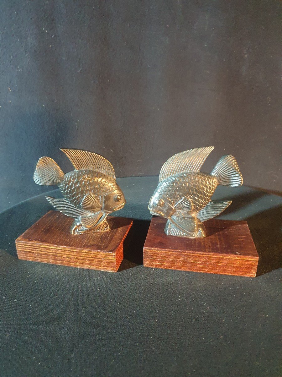 Paire De Bronzes Art Déco  Serres Livres ,poissons. -photo-3