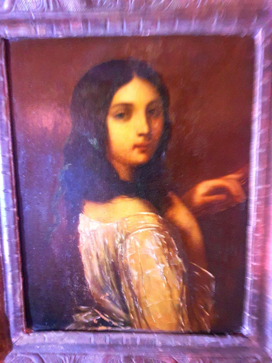Tableau Portrait Huile Sur Cuivre Goût Renaissance. -photo-3