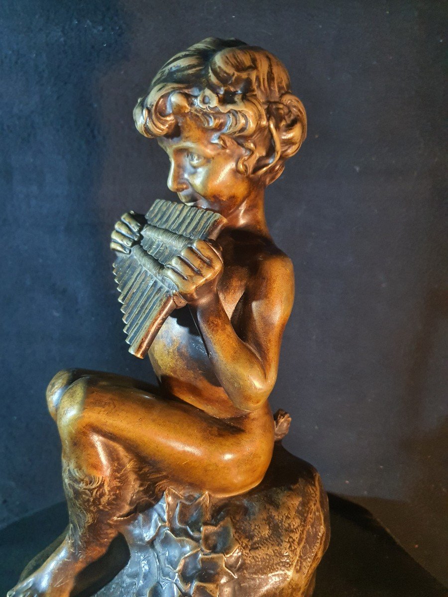Bronze Sculpture Child Fauna Musician Jean Camus.-photo-4