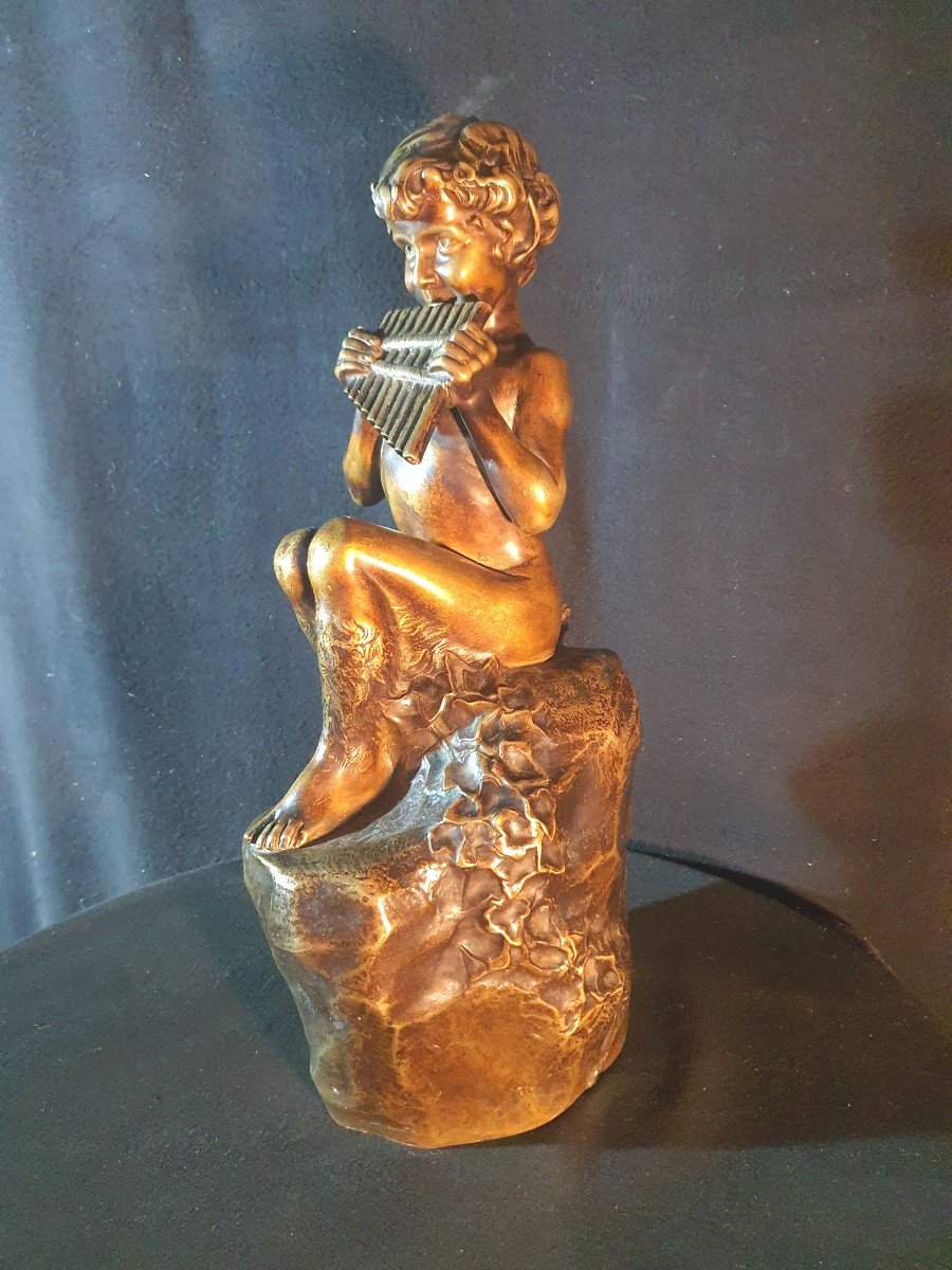 Bronze Sculpture Child Fauna Musician Jean Camus.