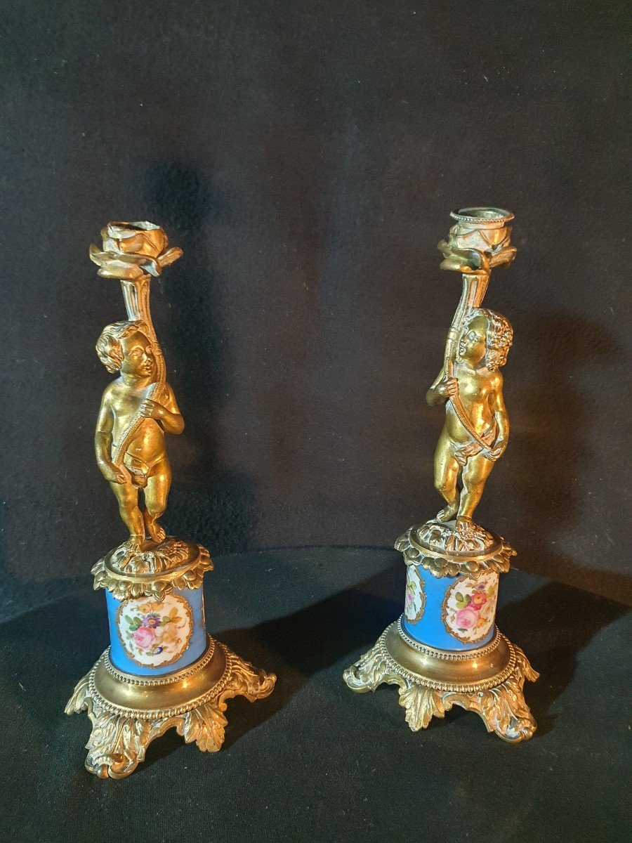 Pair Of Cherub Love Candlesticks Sèvres Porcelain, Bronze.-photo-2
