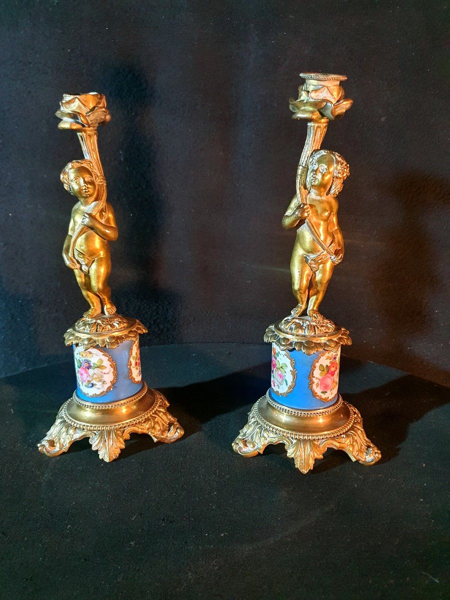 Pair Of Cherub Love Candlesticks Sèvres Porcelain, Bronze.-photo-3