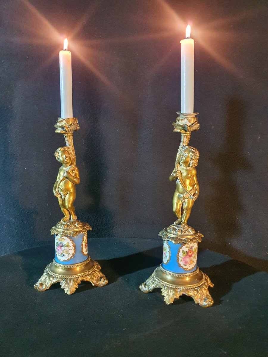 Pair Of Cherub Love Candlesticks Sèvres Porcelain, Bronze.-photo-4