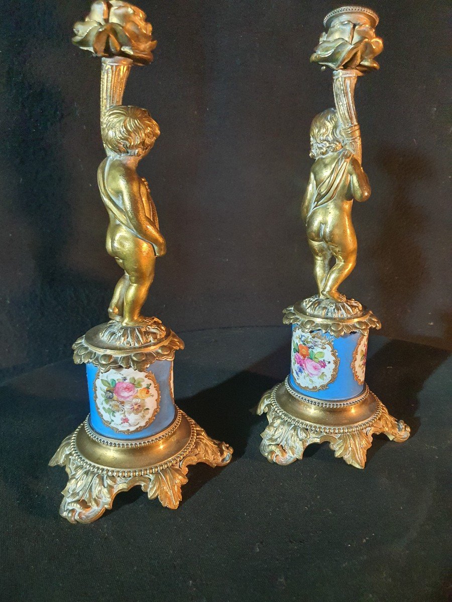 Pair Of Cherub Love Candlesticks Sèvres Porcelain, Bronze.-photo-4