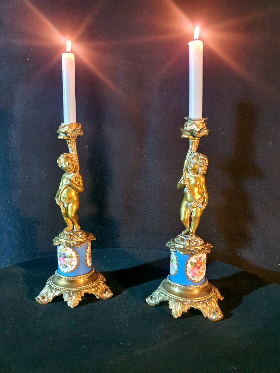 Pair Of Cherub Love Candlesticks Sèvres Porcelain, Bronze.