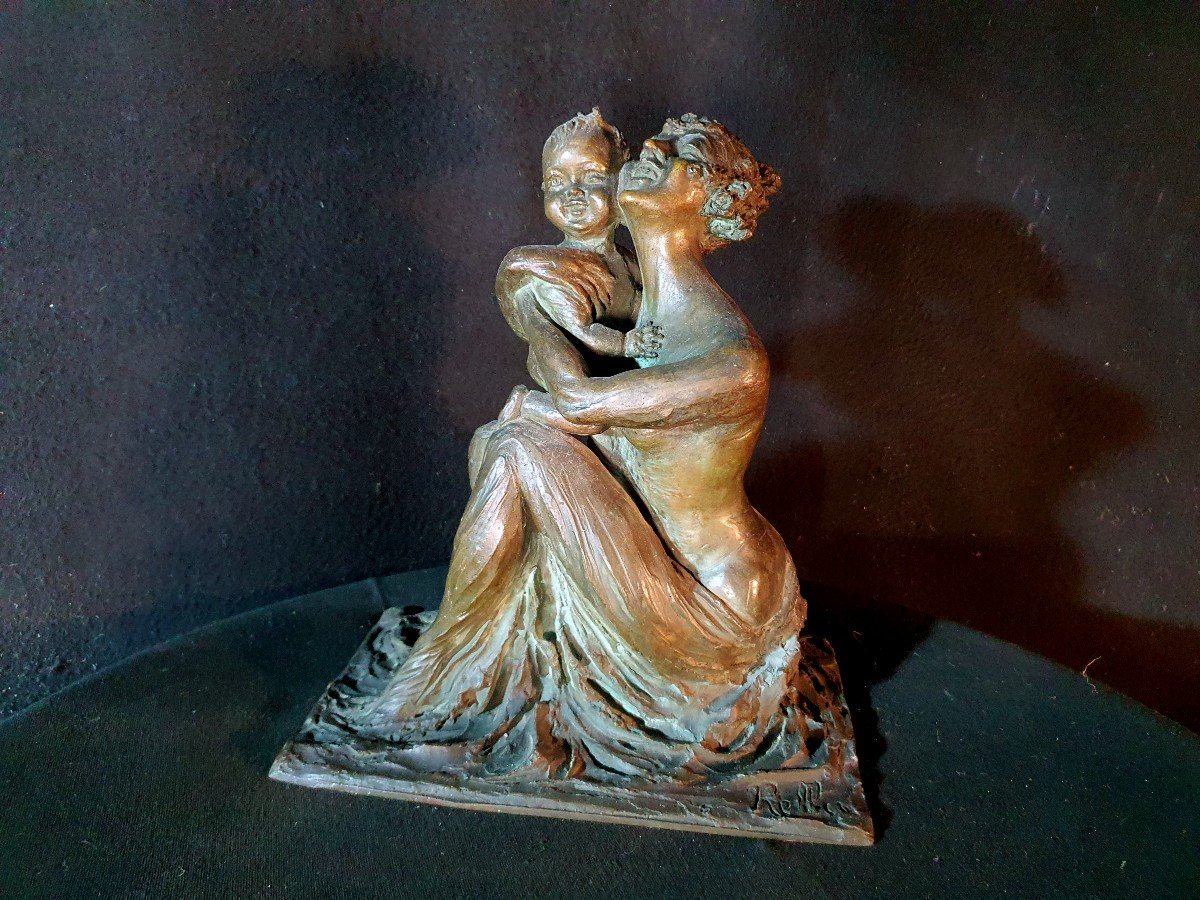 Sculpture Bronze Art Déco, Femme Et Enfant ,Cire Perdue , Rella.-photo-3