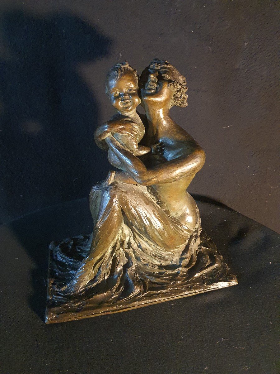 Sculpture Bronze Art Déco, Femme Et Enfant ,Cire Perdue , Rella.