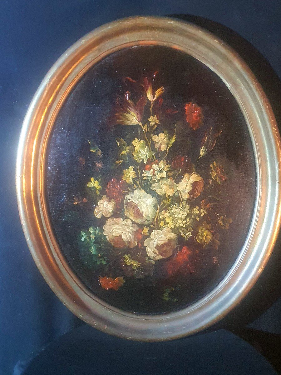 Oval Painting Bouquet Dutch School XIX Century. -photo-2