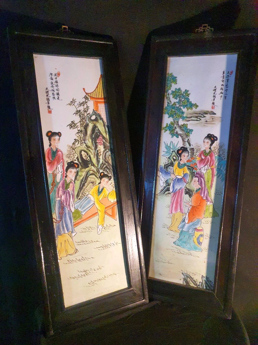 Paire De Tableaux Plaques De Porcelaine Chine. -photo-6