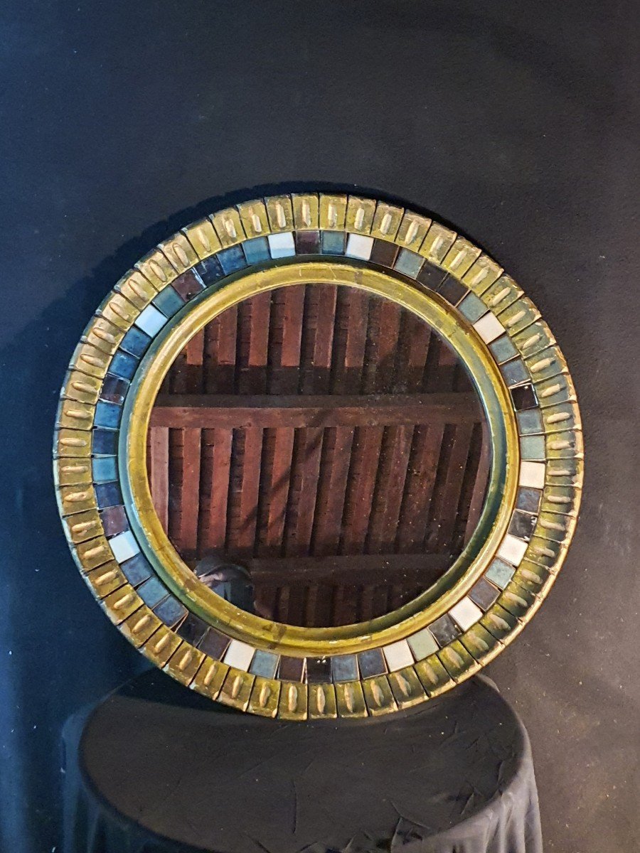 Vintage 60s Ceramic And Golden Wood Mirror. -photo-1