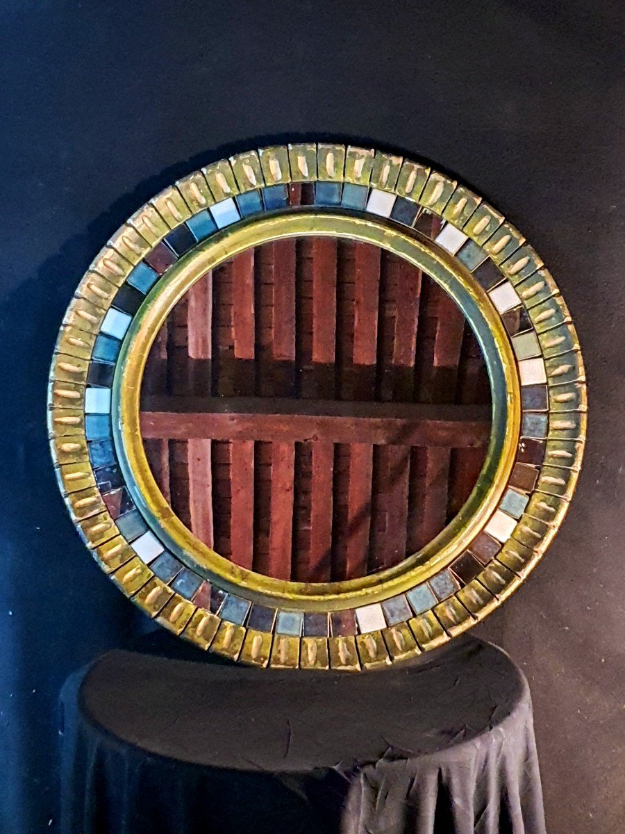 Vintage 60s Ceramic And Golden Wood Mirror. 