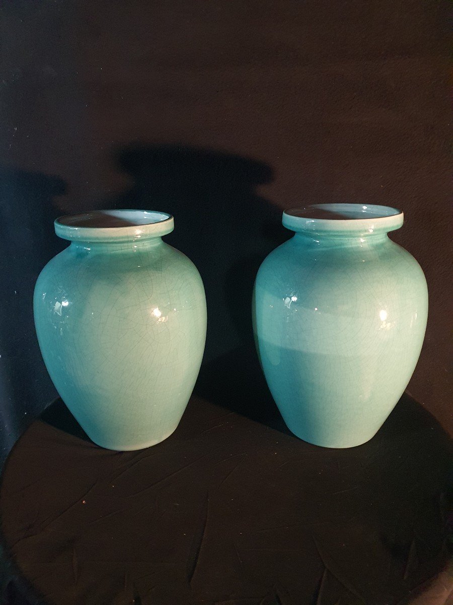 Paire De Vases Art Déco Bleu Turquoise Orchies.-photo-2