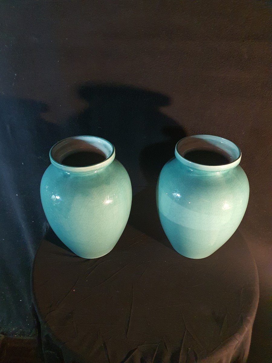 Paire De Vases Art Déco Bleu Turquoise Orchies.-photo-3
