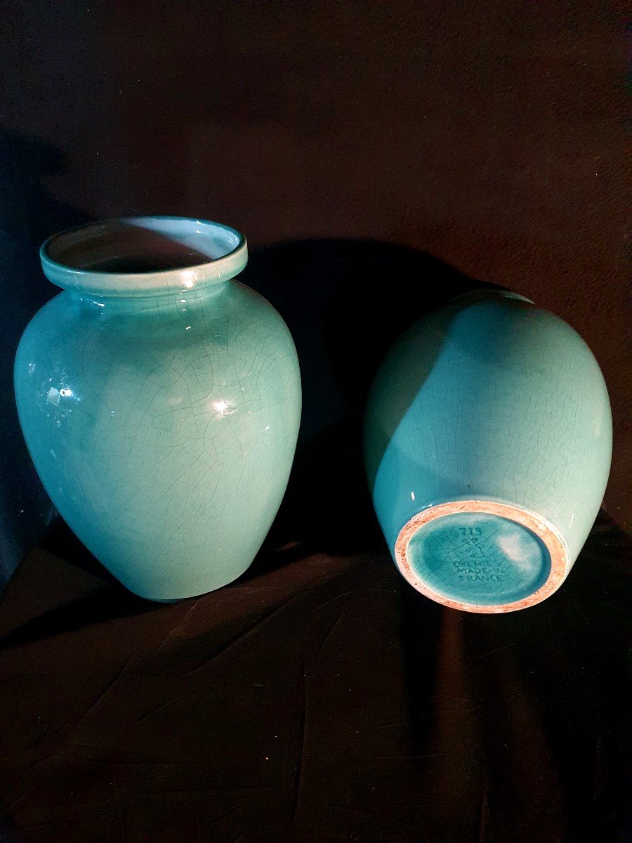 Paire De Vases Art Déco Bleu Turquoise Orchies.-photo-1