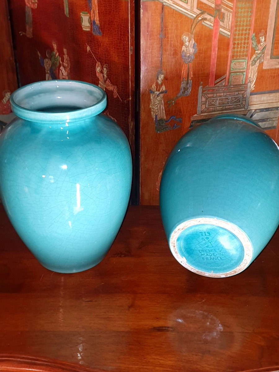 Paire De Vases Art Déco Bleu Turquoise Orchies.-photo-2