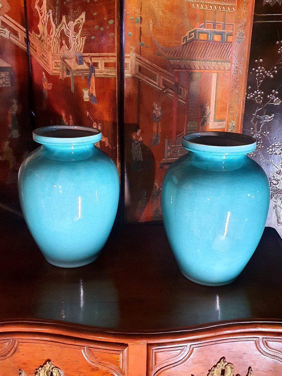 Paire De Vases Art Déco Bleu Turquoise Orchies.-photo-3