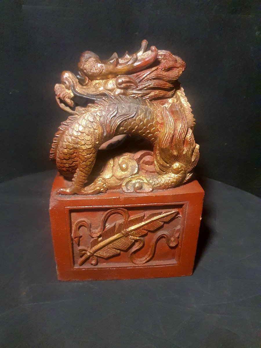 Chinese Carved Wood Dragon Seal. -photo-2