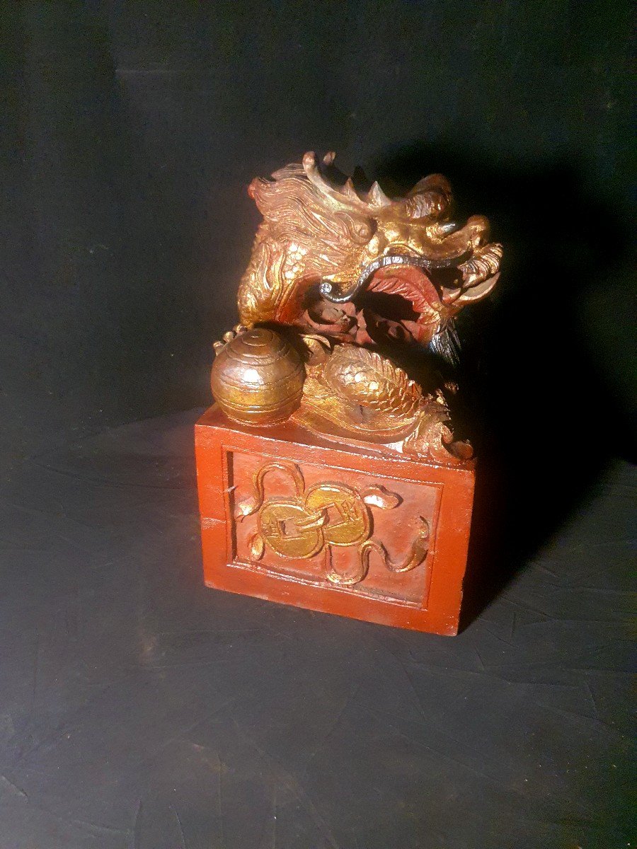 Chinese Carved Wood Dragon Seal. -photo-2