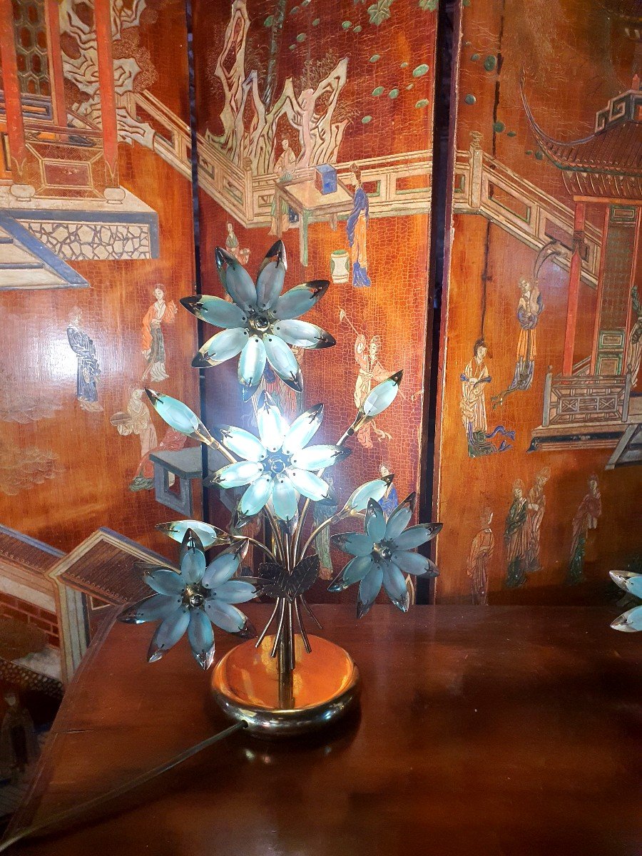 Paire De Lampes Vintage Fleurs Pâtes De Verre -photo-3