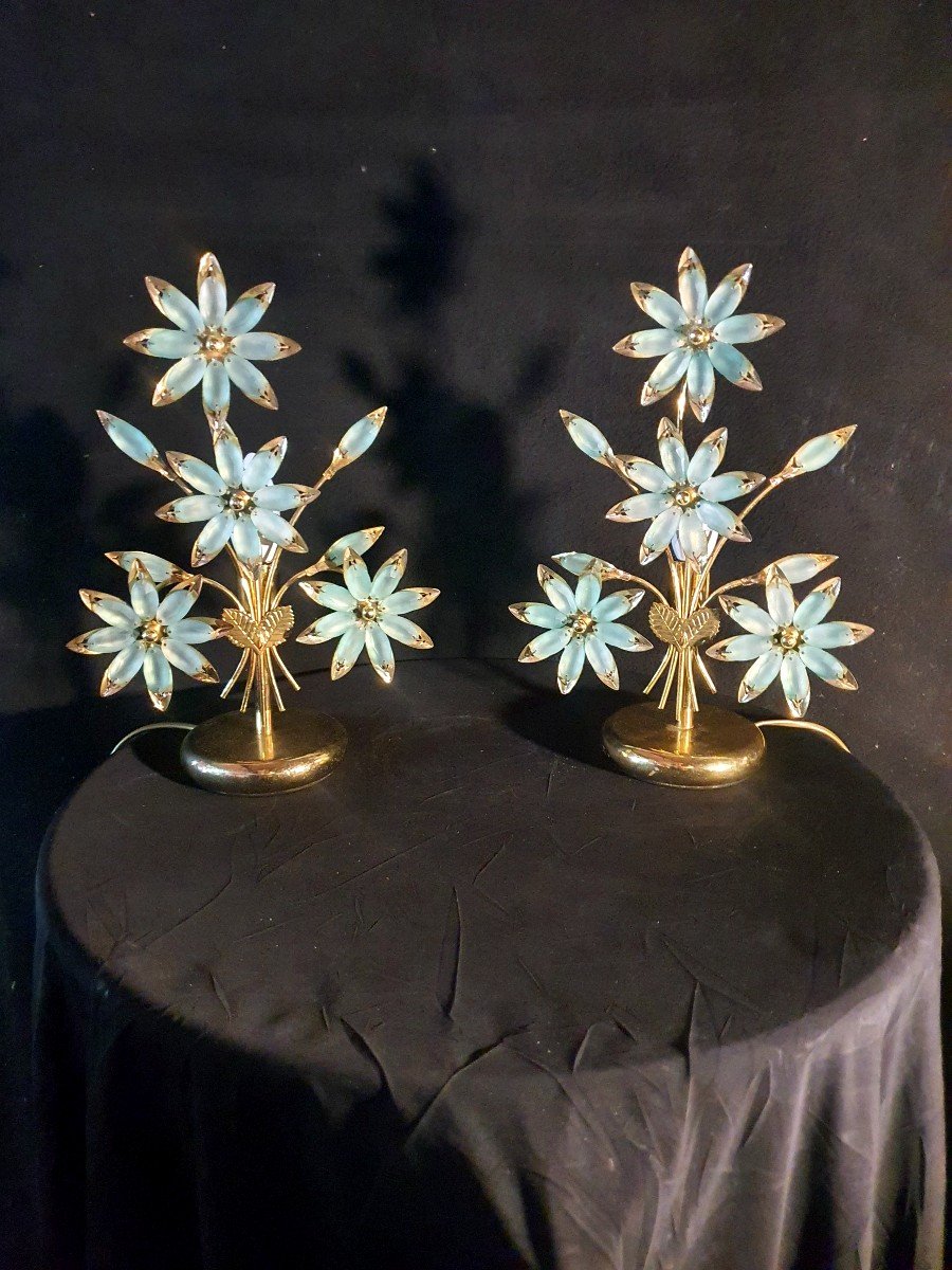 Paire De Lampes Vintage Fleurs Pâtes De Verre -photo-4